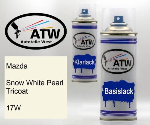 Mazda, Snow White Pearl Tricoat, 17W: 400ml Sprühdose + 400ml Klarlack - Set, von ATW Autoteile West.